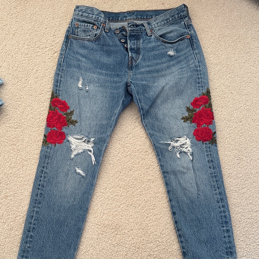 Embroidered 501 levi's  Jeans with Red Floral Accents
